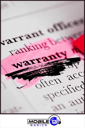 The word "warranty" highlighted in pink and crossed out in black on a printed page; a DJ Backpacks graphic near the Mobile Basics logo at the bottom.