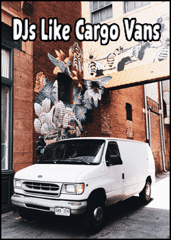A white cargo van, one of the top vehicles for DJs, is parked on a city street in front of a mural, with the text "DJs Like Cargo Vans" displayed at the top of the image.