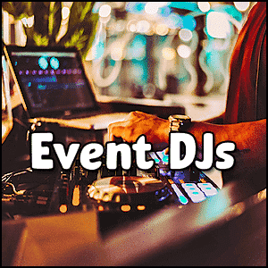 A DJ operates a mixing console with a laptop in the background. The text "Event DJs" is overlaid on the image, hinting at what does DJ stand for—Disc Jockey, the expert behind unforgettable event soundtracks.