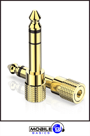 Two gold 1/4-inch TRS audio adapter plugs, one upright and one lying down, displayed against a white background with the Mobile DJ Basics logo below—essential accessories for connecting the best DJ headphones.