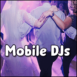 Bride and guests with arms linked, dancing joyfully at a party, with the bold white text "Mobile DJs" overlaid—showcasing what does DJ stand for at unforgettable celebrations.