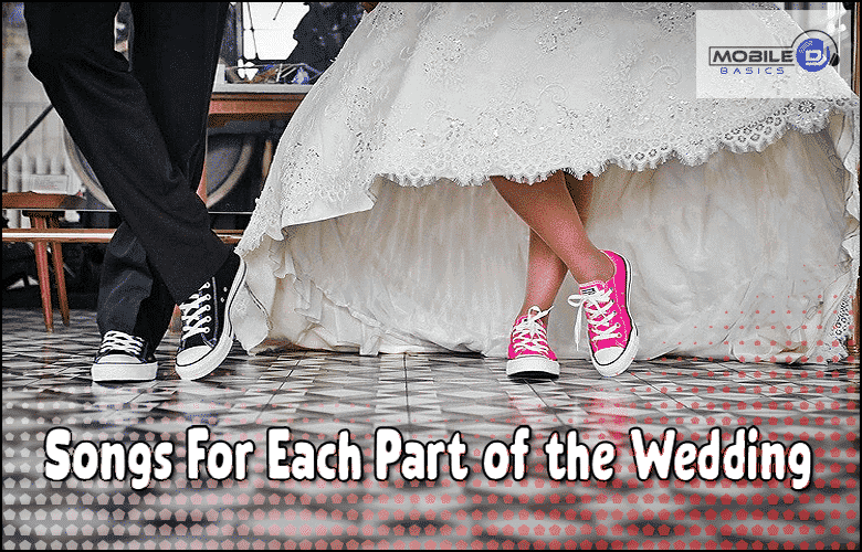 A bride and groom wearing sneakers under a wedding dress and suit, standing on a tiled floor with the text "Songs For Each Part of the Wedding," featuring New Wedding Songs to make your day unforgettable.