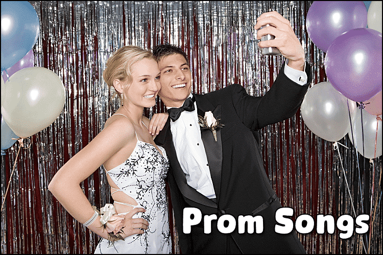 A young couple in formal attire takes a selfie at prom, standing in front of metallic streamers and balloons. The text "School Dance Songs" appears boldly at the bottom right.
