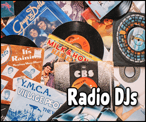 A collection of vintage vinyl records and album covers, featuring labels like CBS and hits such as YMCA. "Radio DJs"—what does DJ stand for? Disc Jockeys who spin the classics you love—in bold letters.