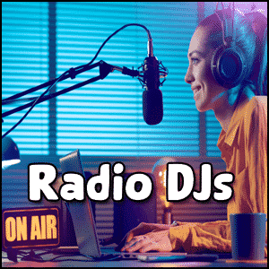 A person wearing headphones speaks into a microphone in a studio with an "ON AIR" sign and the words "Radio DJs" overlaid, inviting the question: what does DJ stand for?.