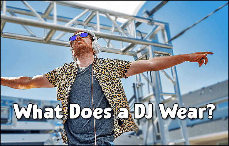 A man with headphones and sunglasses wears a leopard print shirt and raises his arms outdoors under metal truss beams. Text reads, "What Should a Mobile DJ Wear?.