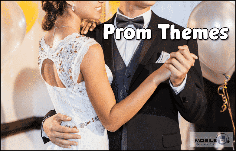 A couple in formal attire dances together at prom, highlighted by the bold text "Prom Themes" that captures the elegance and excitement of unforgettable prom nights.