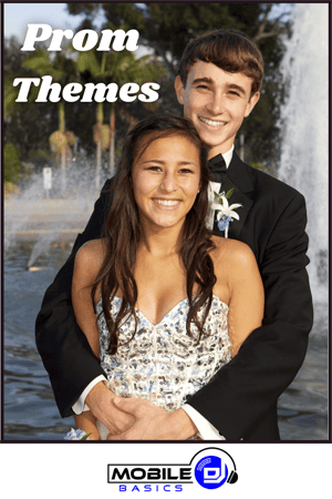 Two teenagers dressed in formal attire pose and smile in front of a fountain, showcasing excitement for prom themes, with the text "Prom Themes" and the Mobile DJ Basics logo on the image.