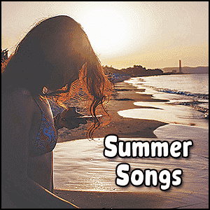 A woman in a bikini stands on a beach at sunset, looking at her phone and listening to Summer Songs. The words "Summer Songs" are overlaid in large white text.