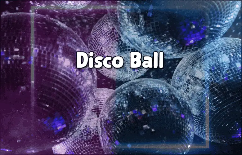 Multiple mirrored disco balls reflecting light, creating a dazzling atmosphere with the words "Disco Ball" in bold white text overlaid in the center.