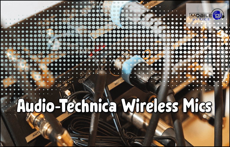 Close-up of Audio-Technica wireless microphone equipment with cables plugged in, overlaid with a dotted pattern and the text "Best Wireless Microphone: Audio-Technica Wireless Mics.