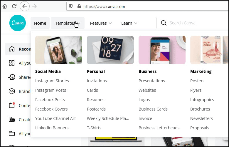 A webpage showing the Canva website with the Templates menu open, displaying categories like Social Media, Personal, Business, and Marketing—perfect for exploring Canva for Social Media Posts and other creative options.
