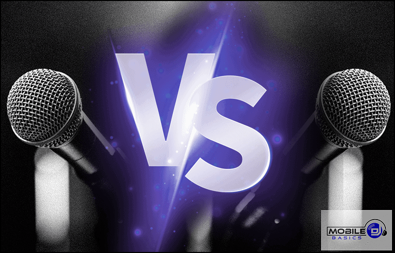 Two microphones face each other with a large "VS" in the center, highlighting a Best Wireless Microphone showdown. The Mobile Basics logo appears in the bottom right corner, emphasizing the competitive debate.