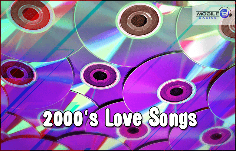 Several compact discs with colorful reflections overlap, featuring the text "2000's Love Songs" in bold white letters and a "Mobile Basics" logo in the top right corner—a vibrant tribute to classic Love Songs.