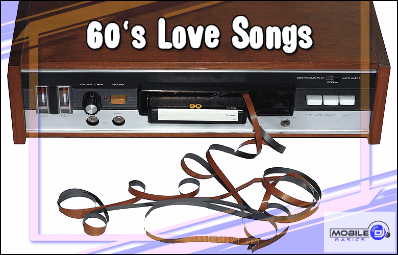 A vintage cassette player with a tape labeled "90" partially ejected and tangled tape, featuring the text "60's Love Songs" at the top—a nostalgic nod to classic love songs.