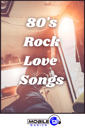 Person relaxing indoors with sunlight streaming in, overlaid text reads "Love Songs: 80's Rock Hits." Mobile DJ Basics logo at the bottom.