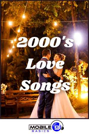 A bride and groom dance outdoors under string lights at night, capturing the magic of Love Songs from the 2000s. The text "2000's Love Songs" appears above, with a "Mobile DJ Basics" logo at the bottom.