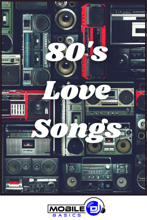 Stacked vintage boomboxes and radios with the text "80's Love Songs" in bold white letters, capturing the essence of classic Love Songs; Mobile DJ logo at the bottom.