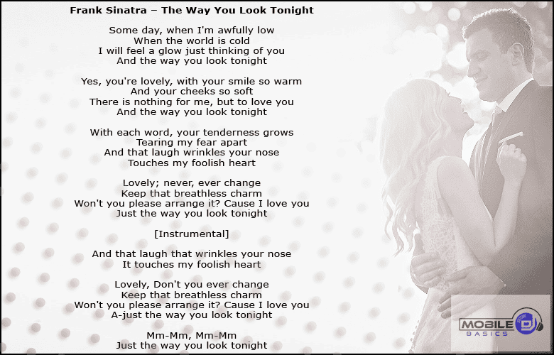 Black and white image of a smiling couple dancing closely, with the lyrics to classic love songs like "The Way You Look Tonight" by Frank Sinatra displayed beside them.