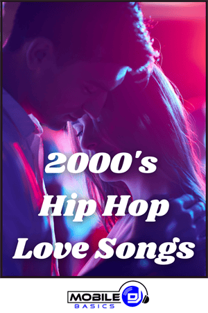 A man and woman standing close together under purple and pink lights, with text reading "2000's Love Songs" and a Mobile DJ logo at the bottom.