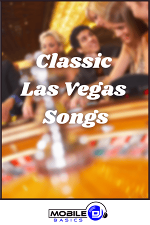 A group of people gathered around a casino roulette table with the text "Songs About Las Vegas" overlaid in bold white letters.