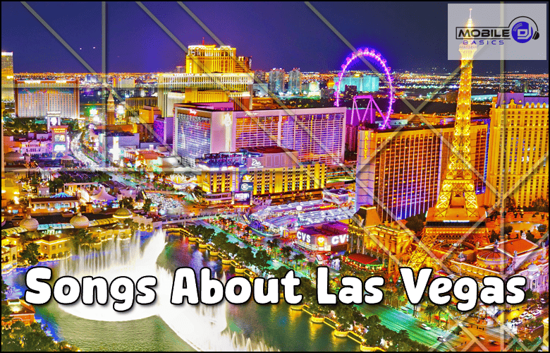 A brightly lit Las Vegas Strip at night with casinos, hotels, and the High Roller Ferris wheel sets the perfect backdrop for Songs About Las Vegas.