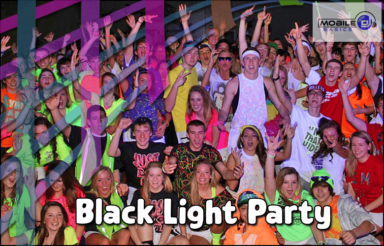 A large group of people wearing neon clothing pose and cheer under black lights, creating a vibrant scene at the Black Light Party. Text reads "Black Light Party.