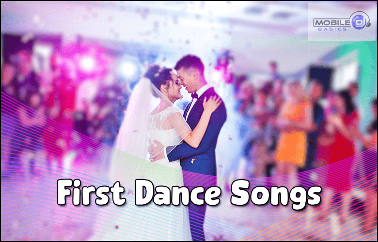 A bride and groom share their first dance at a wedding reception, with guests watching in the background and text reading "First Dance Wedding Songs.
