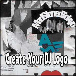 A collage of various posters and stickers with the text "Create Your DJ Logo" prominently displayed in bold white letters, inspiring you to create a DJ logo using Fiverr for a unique and professional touch.