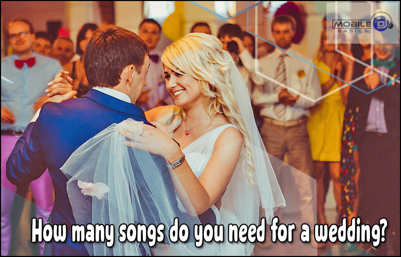 A bride and groom share a dance at their wedding reception, surrounded by watching guests, with the question "How many songs do you need for a wedding?" displayed at the bottom.