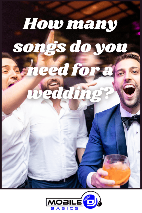 Three men in suits celebrate at a party. Text over the image asks, "How many songs do you need for a wedding?" The Mobile DJ logo appears at the bottom.