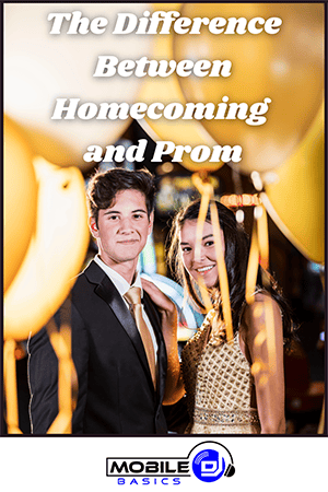 Two teenagers dressed formally stand together at an event with gold balloons, beneath the text "What is the Difference Between Prom and Homecoming.
