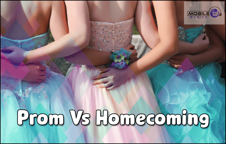 Four people in formal dresses stand side by side with arms around each other's backs; text reads "Prom Vs Homecoming: What is the Difference Between Prom and Homecoming?.