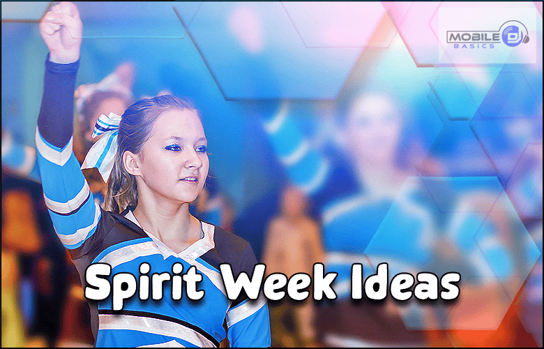 A cheerleader in uniform raises her fist; blurred teammates and geometric shapes appear in the background. The vibrant scene perfectly captures the excitement of Spirit Week Ideas. Text reads, "Spirit Week Ideas.