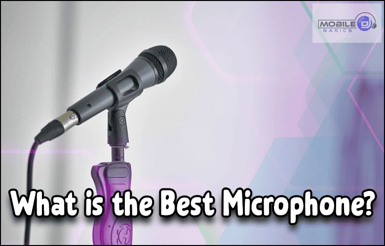A microphone on a stand with the text "What is the Best Wired Microphone for DJs?" and a Mobile DJ Basics logo in the corner.