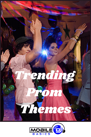 Two teenagers dance at a decorated prom with balloons and streamers, under the text "Trending Prom Themes." A "Mobile DJ" logo is at the bottom, highlighting creative Prom Themes for an unforgettable night.