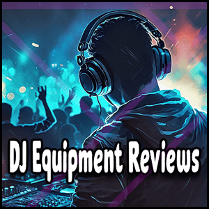 A DJ wearing headphones stands at a mixing console with a crowd dancing in the background; text reads "Mobile DJ Equipment Reviews.