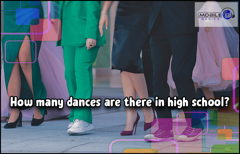 A group of students dressed in formal attire stands together, highlighting the excitement surrounding high school events. Text on image asks, "How many dances are there in high school?.
