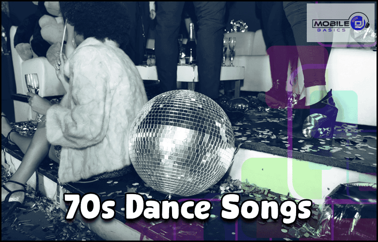 A disco ball sparkles above a confetti-covered dance floor as people in vintage clothing groove to classic 70s Dance Songs, creating the ultimate retro party vibe.