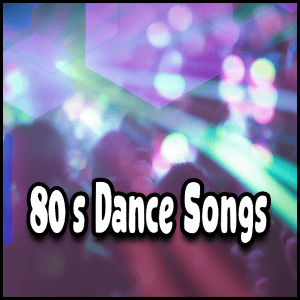 Text "80s Dance Songs" over a blurred, colorful background with bright lights and silhouettes of people, capturing the energy and excitement of an 80s dance party atmosphere.