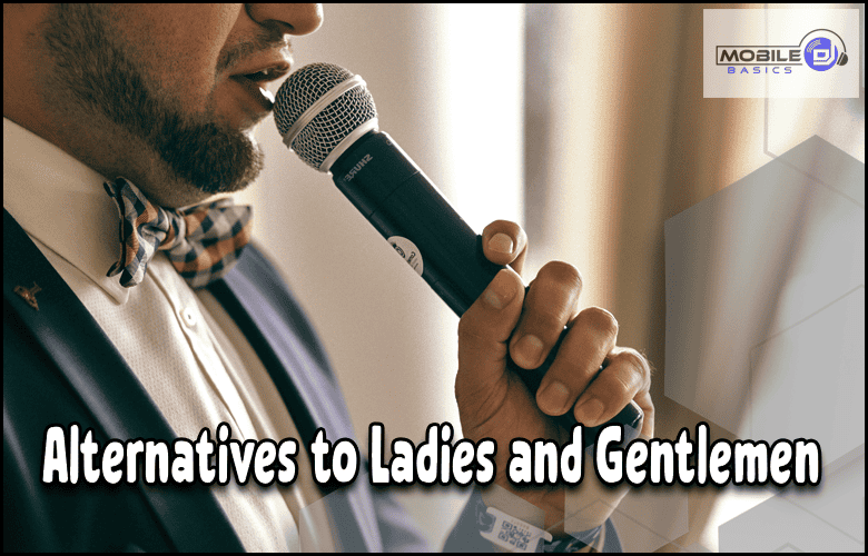 A person in a suit speaks into a microphone. The text reads, "Alternatives to Ladies and Gentlemen: Gender Neutral Announcements." The Mobile Basics logo appears in the top right corner.