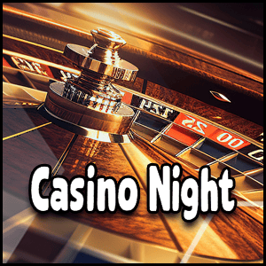 A roulette wheel sits on a casino table, with "Casino Night" in bold white letters in the foreground, capturing the thrill and excitement of a classic Casino Night atmosphere.