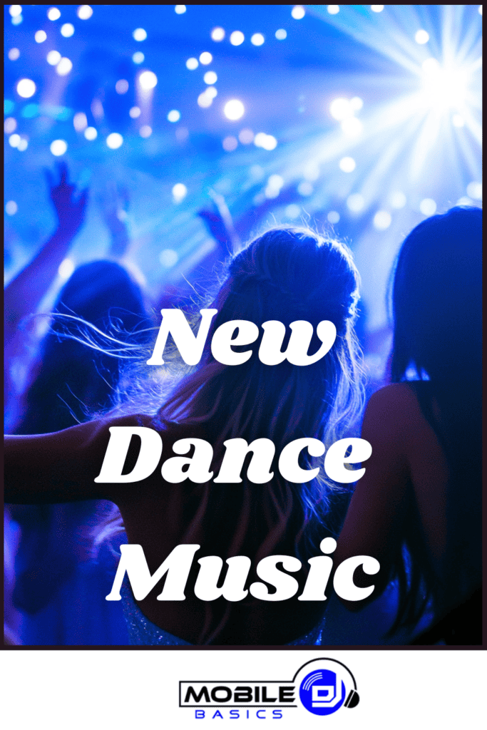 People dancing at a party with colorful lights and a “New Dance Music” text overlay, promoting music content by Mobile DJ Basics. Perfect for creating the ultimate school dance playlist, this scene highlights top School Dance Songs to energize any event.