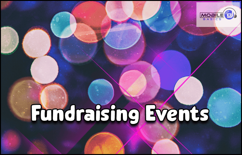 Colorful blurred lights background with white bold text reading "High School Fundraising Events" and a small "Mobile Basics" logo in the top right corner.