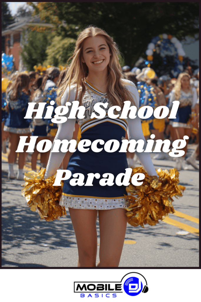 A cheerleader in uniform holds gold pom-poms during a high school homecoming parade, perfectly exemplifying the excitement that comes with thoughtful homecoming parade planning; other participants and balloons can be seen in the background.