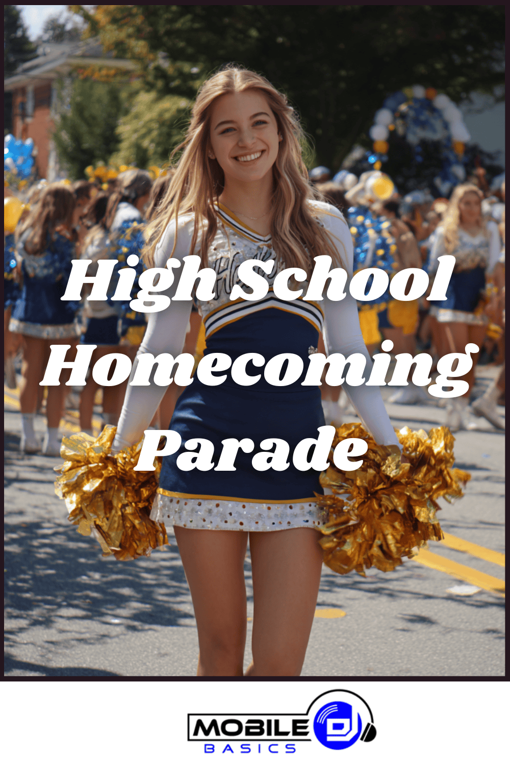 A cheerleader in uniform holds gold pom-poms during a high school homecoming parade, perfectly exemplifying the excitement that comes with thoughtful homecoming parade planning; other participants and balloons can be seen in the background.
