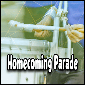 A person playing a snare drum with drumsticks, as the words "Homecoming Parade" are boldly overlaid on the image.