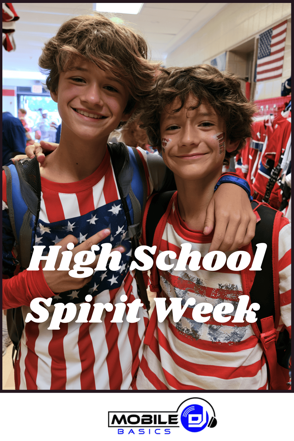 Two smiling students wearing USA flag-themed shirts pose together in a school hallway for High School Spirit Week, showcasing the fun atmosphere that comes from creative spirit week ideas and fostering school community building.