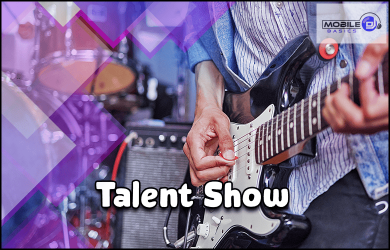 A person rocks out on an electric guitar under the bold words "Talent Show," with the "Mobile Basics" logo featured in the top right corner.