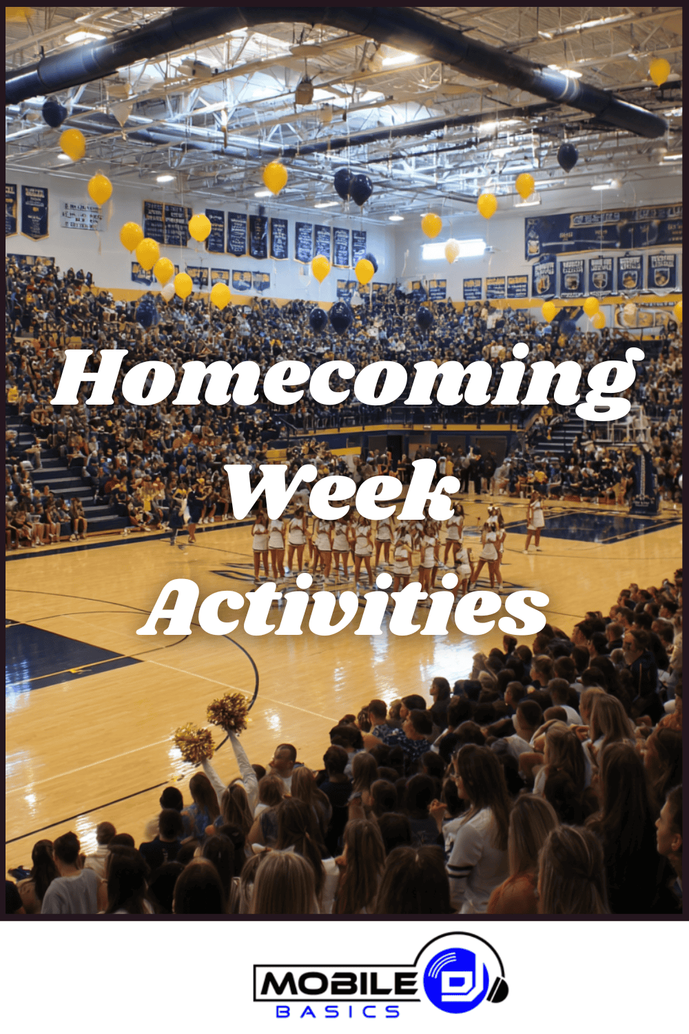 A high school gym filled with students and cheerleaders, yellow balloons overhead, sets the perfect scene for exploring different homecoming themes during an exciting homecoming week event.